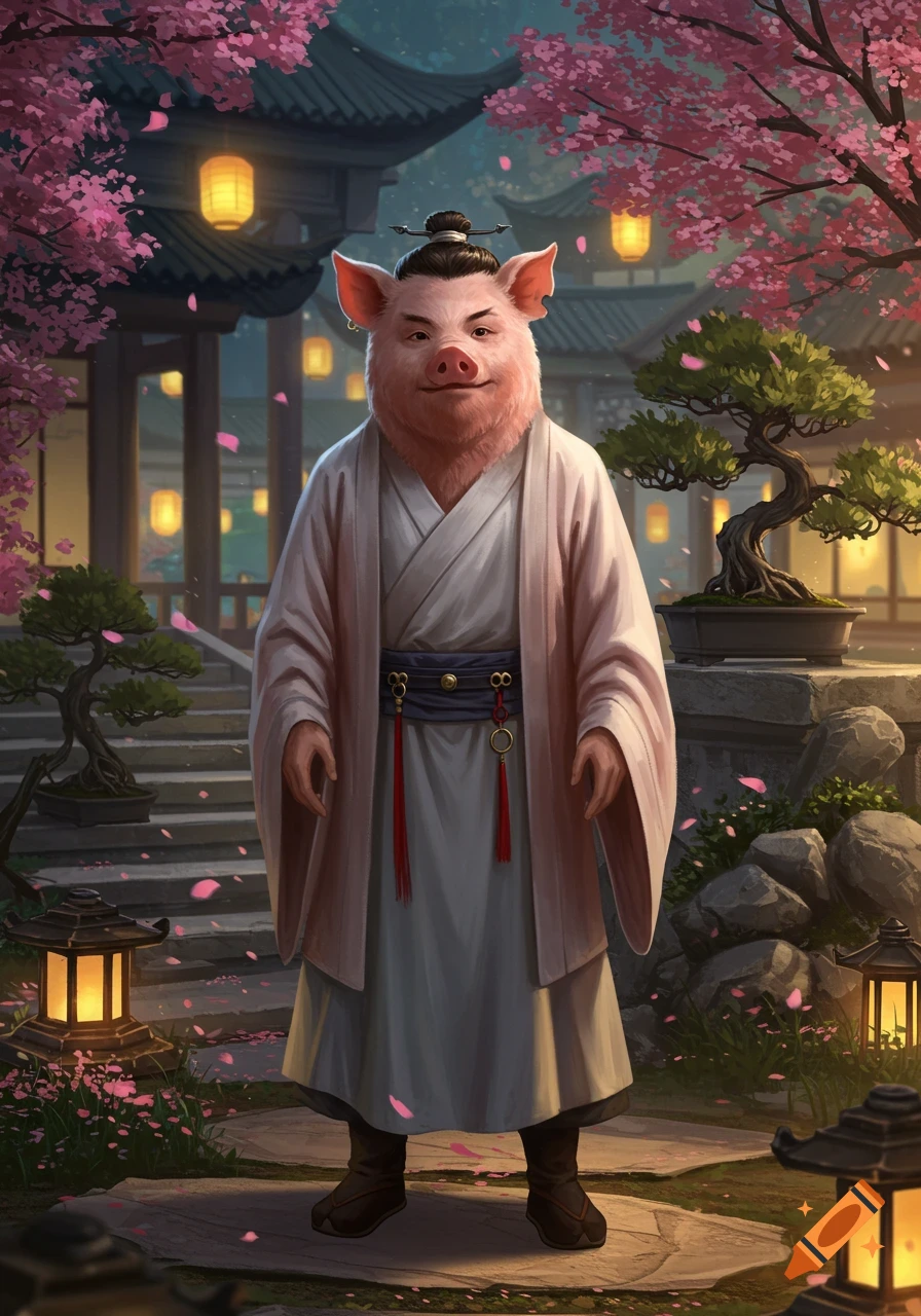 A detailed fantasy illustration of a pig-person in traditional Chinese robes standing in a cherry blossom garden at dusk.