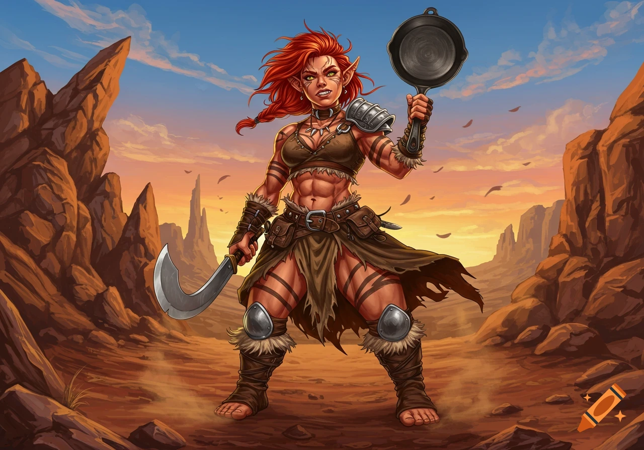 A red-haired female fantasy barbarian with tribal markings holds a knife and a frying pan in a desert landscape.