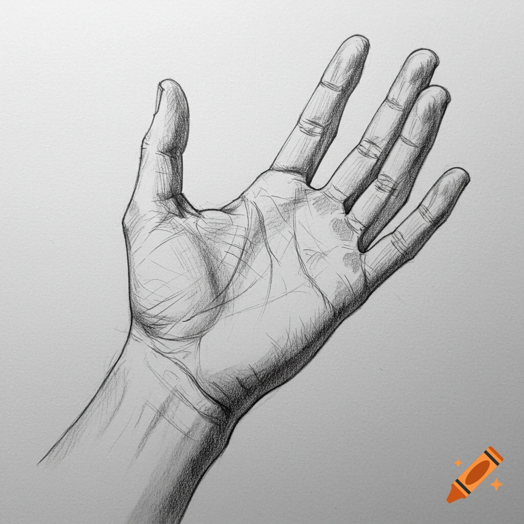 A detailed pencil drawing of an open human hand with fingers extended.