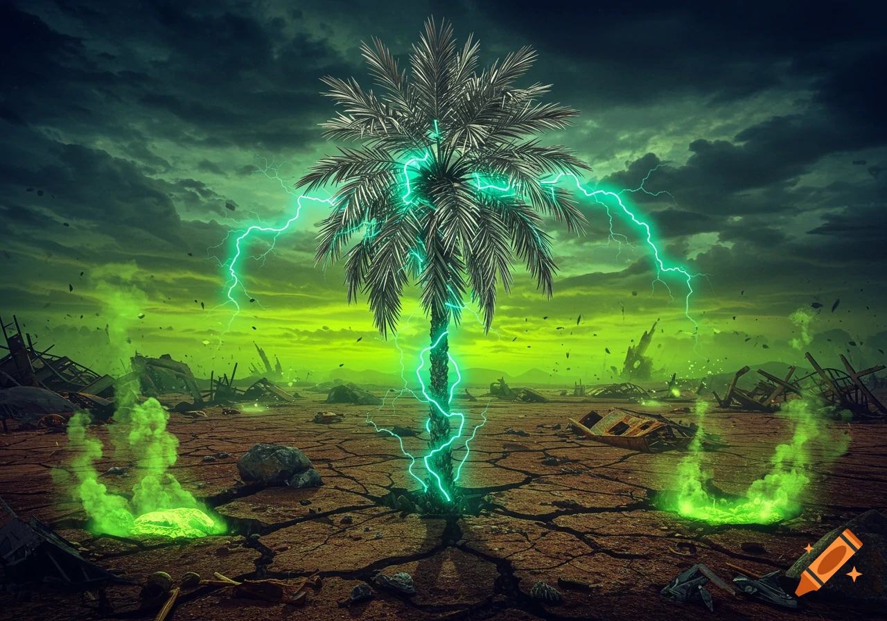 A palm tree glows with green lightning and radioactive smoke in a cracked, desolate landscape under a stormy green sky, with ruins in the distance.