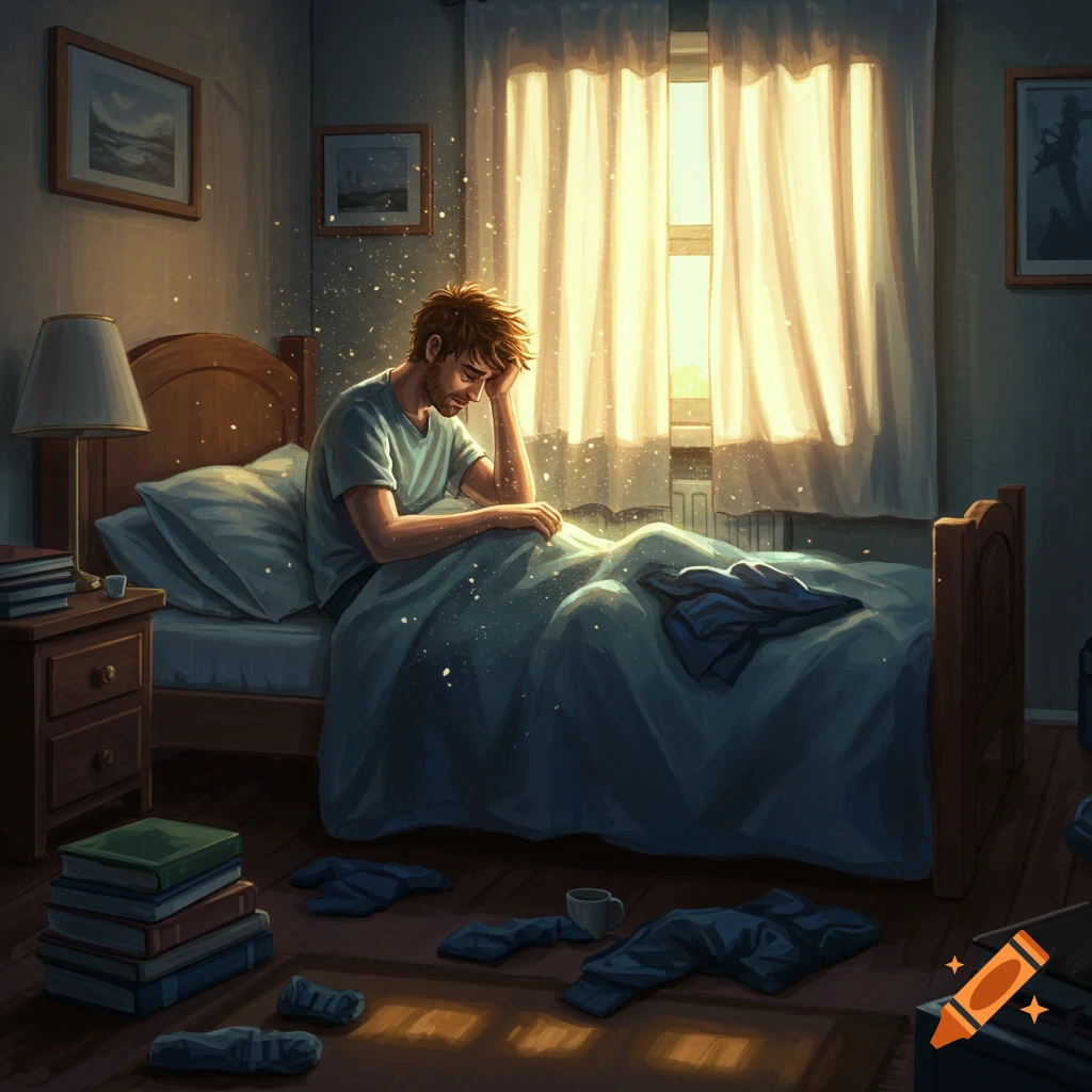 A man with messy hair sits dejectedly on a bed in a sunlit bedroom, with books on a nightstand and floor.