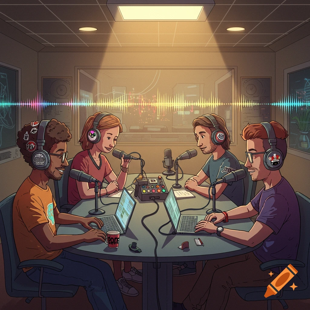 An illustration of four diverse people podcasting at a table with microphones, laptops, and audio equipment in a studio.