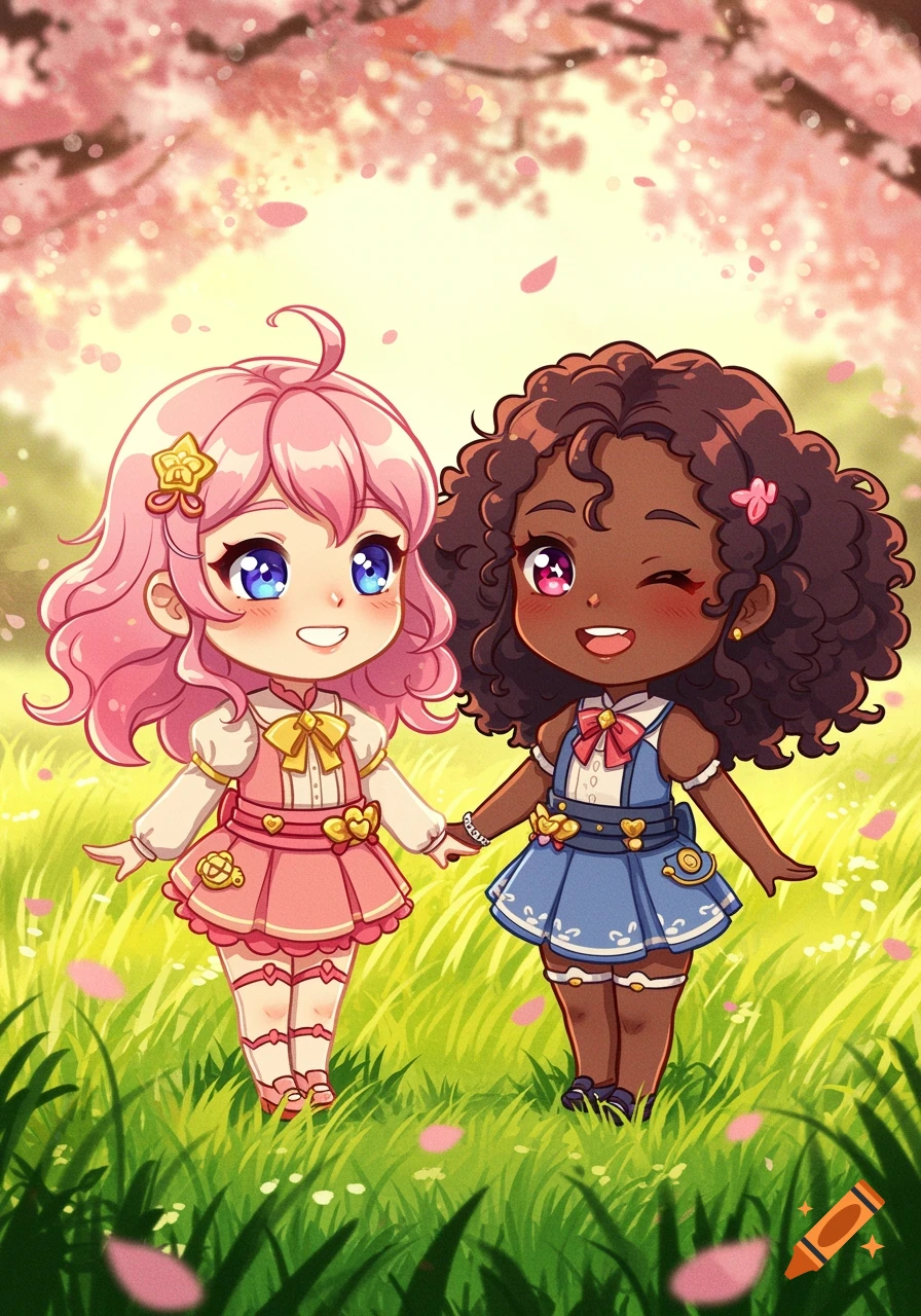 Two smiling chibi girls, one with pink hair and one with dark curly hair, holding hands in a grassy field with pink cherry blossoms.