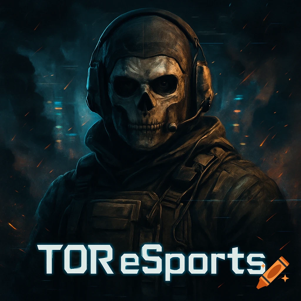 Skull-masked soldier in tactical gear with headphones in a dark, smoky, battle scene with sparks. Text 'TOR eSports' at bottom.