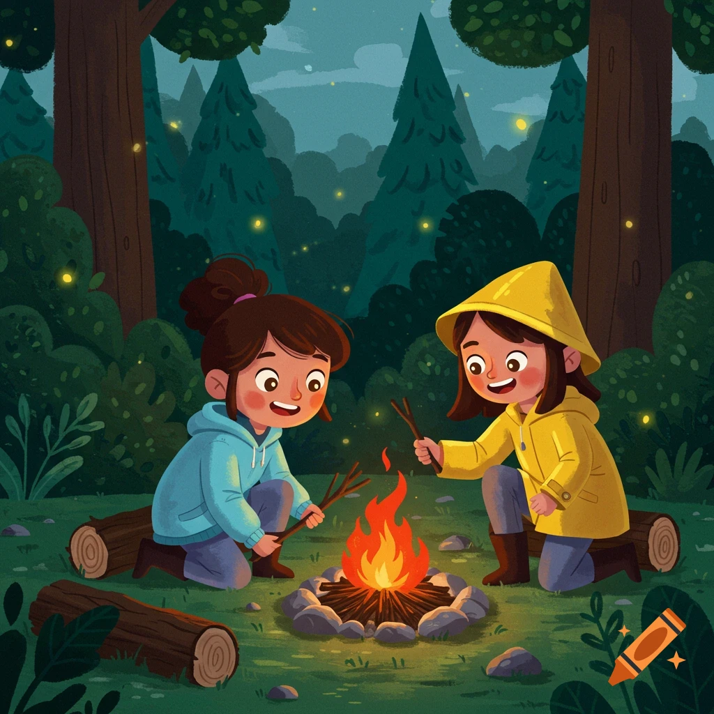 Two happy cartoon girls in a forest at night, crouching around a campfire they are starting, with fireflies glowing around them.