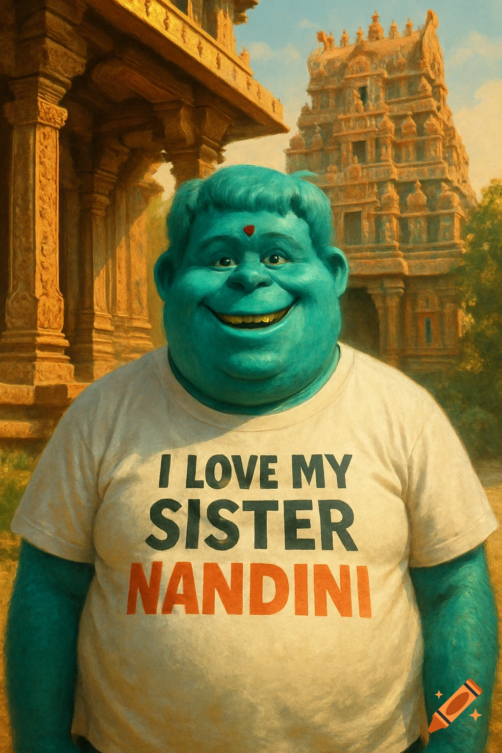 A large, smiling, teal-skinned cartoon character in a 'I LOVE MY SISTER NANDINI' shirt stands before a Hindu temple in a painterly style.