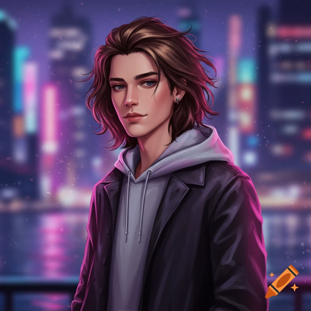 A digital illustration of a young man with long brown hair wearing a hoodie and jacket against a blurry neon city background.