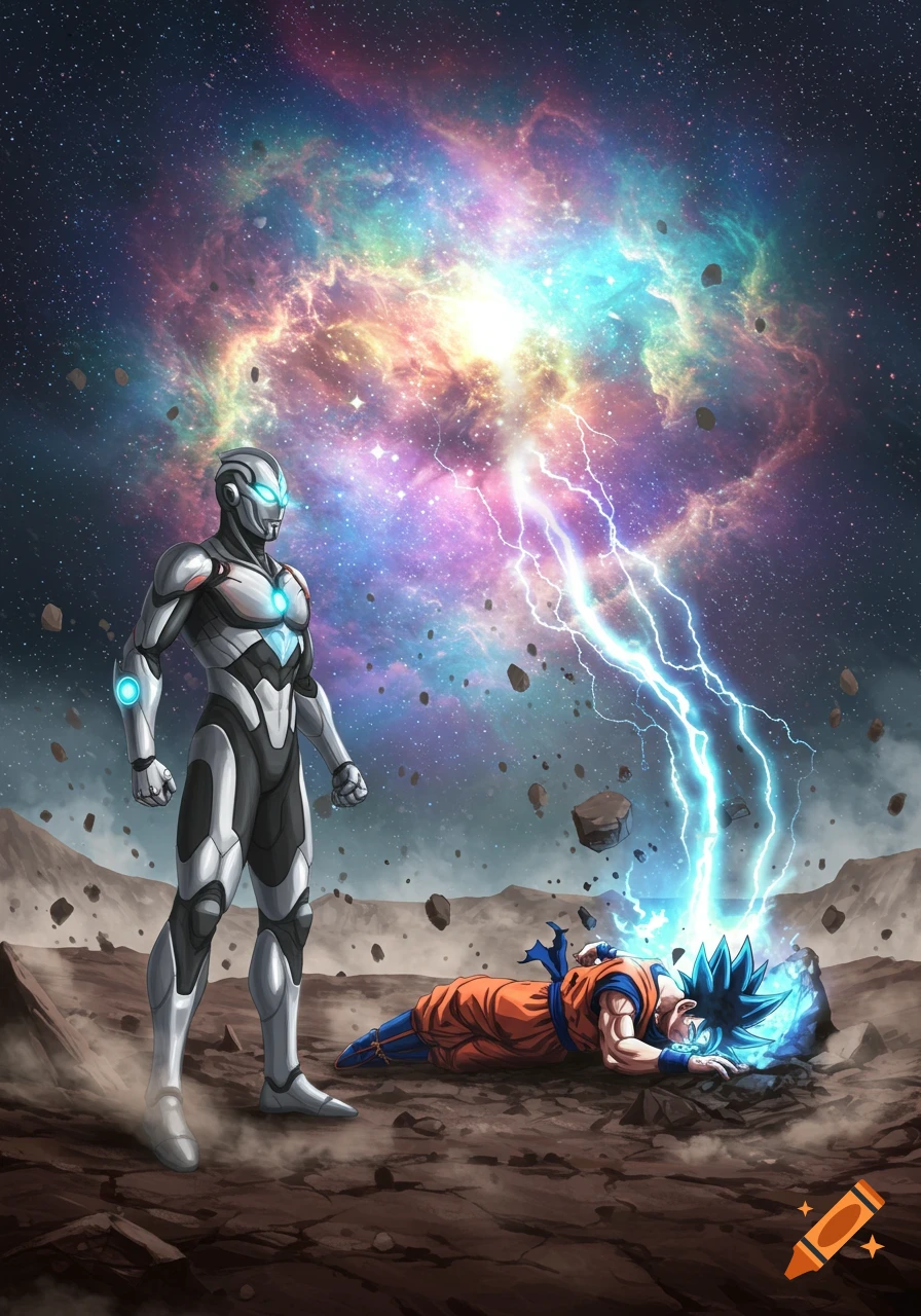 A grey armored hero stands over a defeated Goku with blue energy, under a vibrant cosmic sky in a rocky landscape.