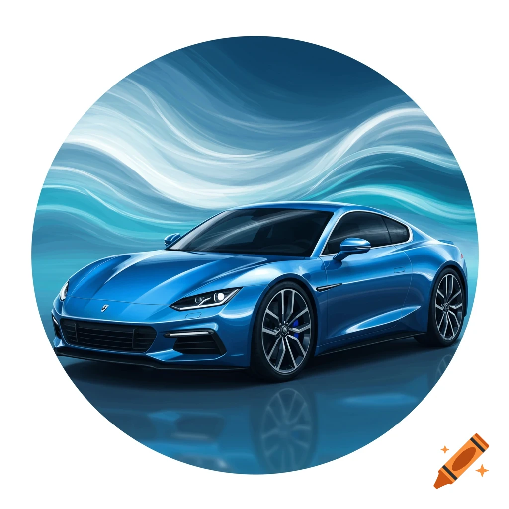 A shiny blue sports car with a sleek design, set against a dynamic blue abstract background within a circular frame.
