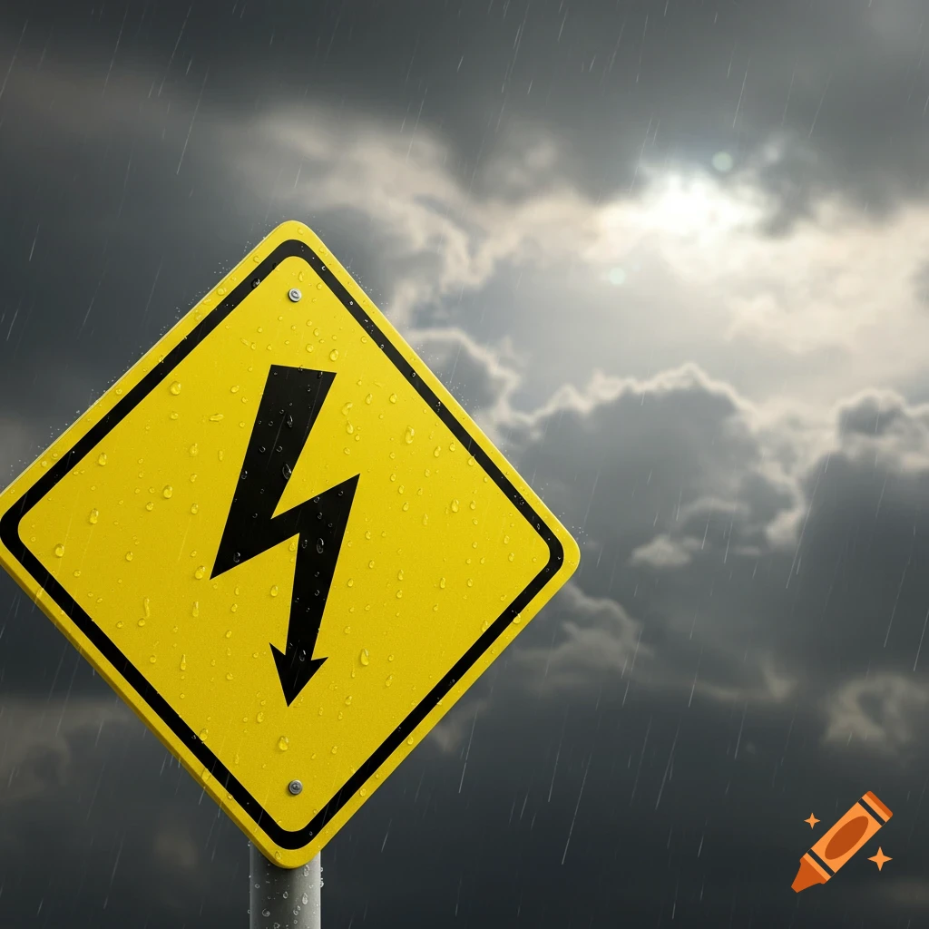 A yellow diamond-shaped warning sign with a black lightning bolt symbol, covered in raindrops under a dark, stormy sky. Photorealistic style.