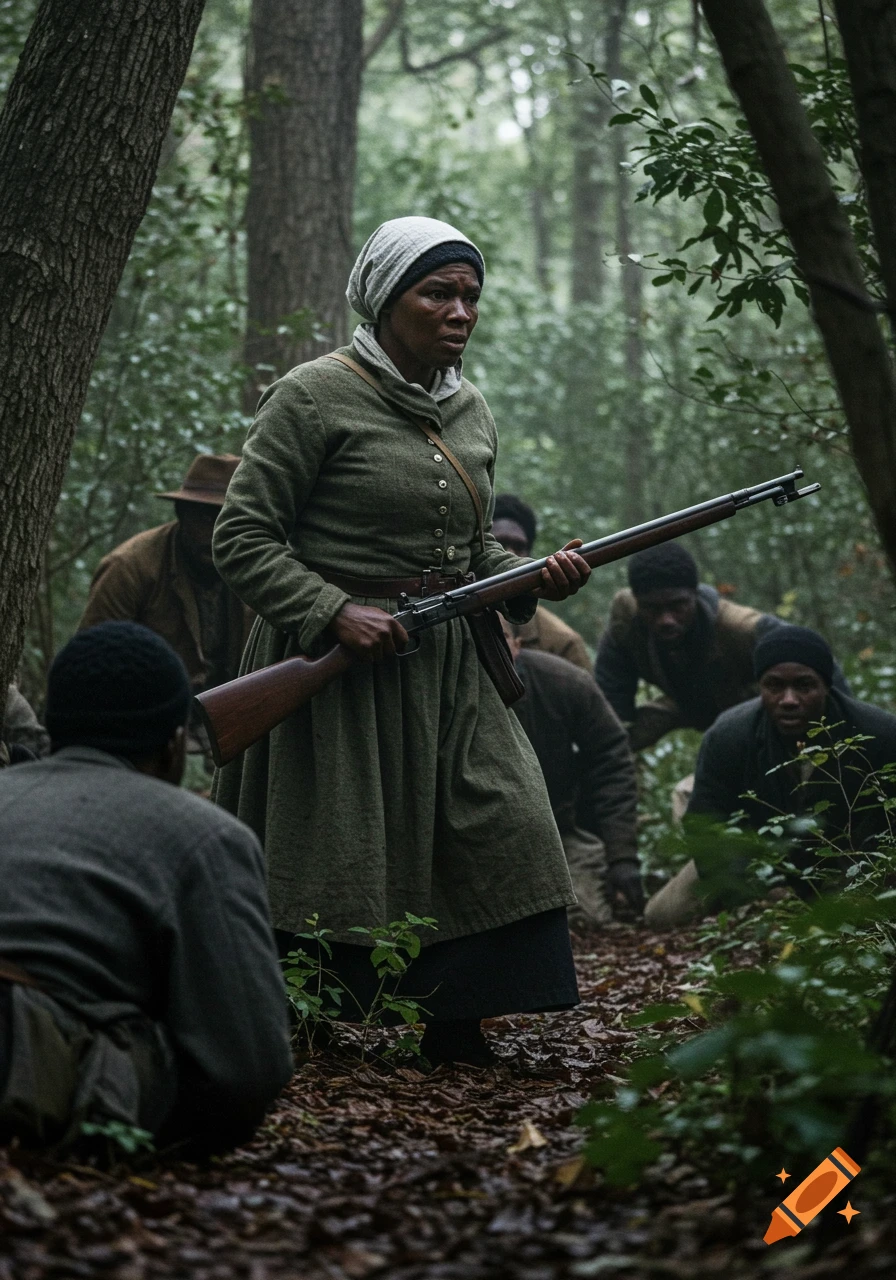 A determined woman in period clothing holds a rifle, leading a group of people through a dense, misty forest. Photorealistic.