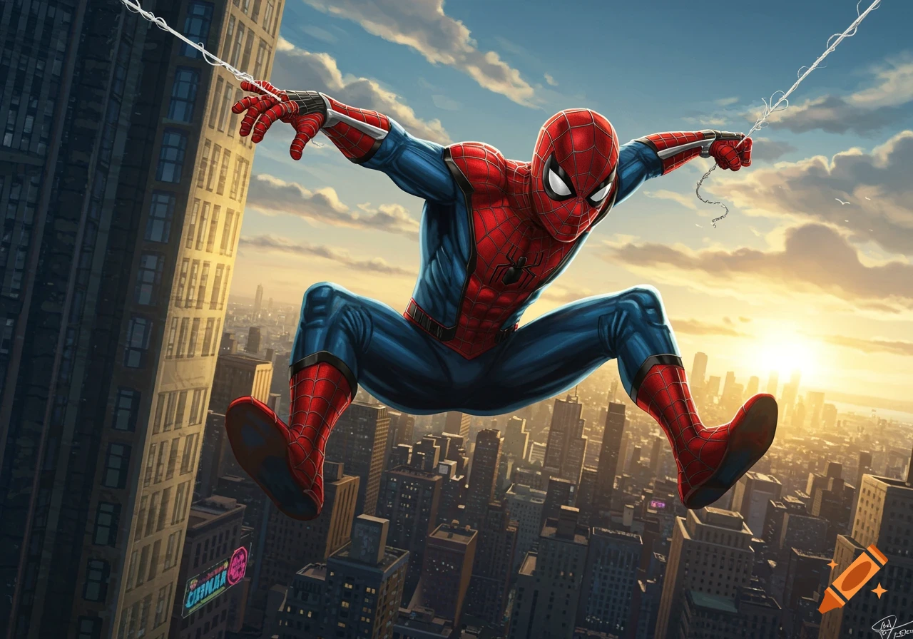 Spider-Man swings through a city skyline at sunset, with buildings below and an orange sky.