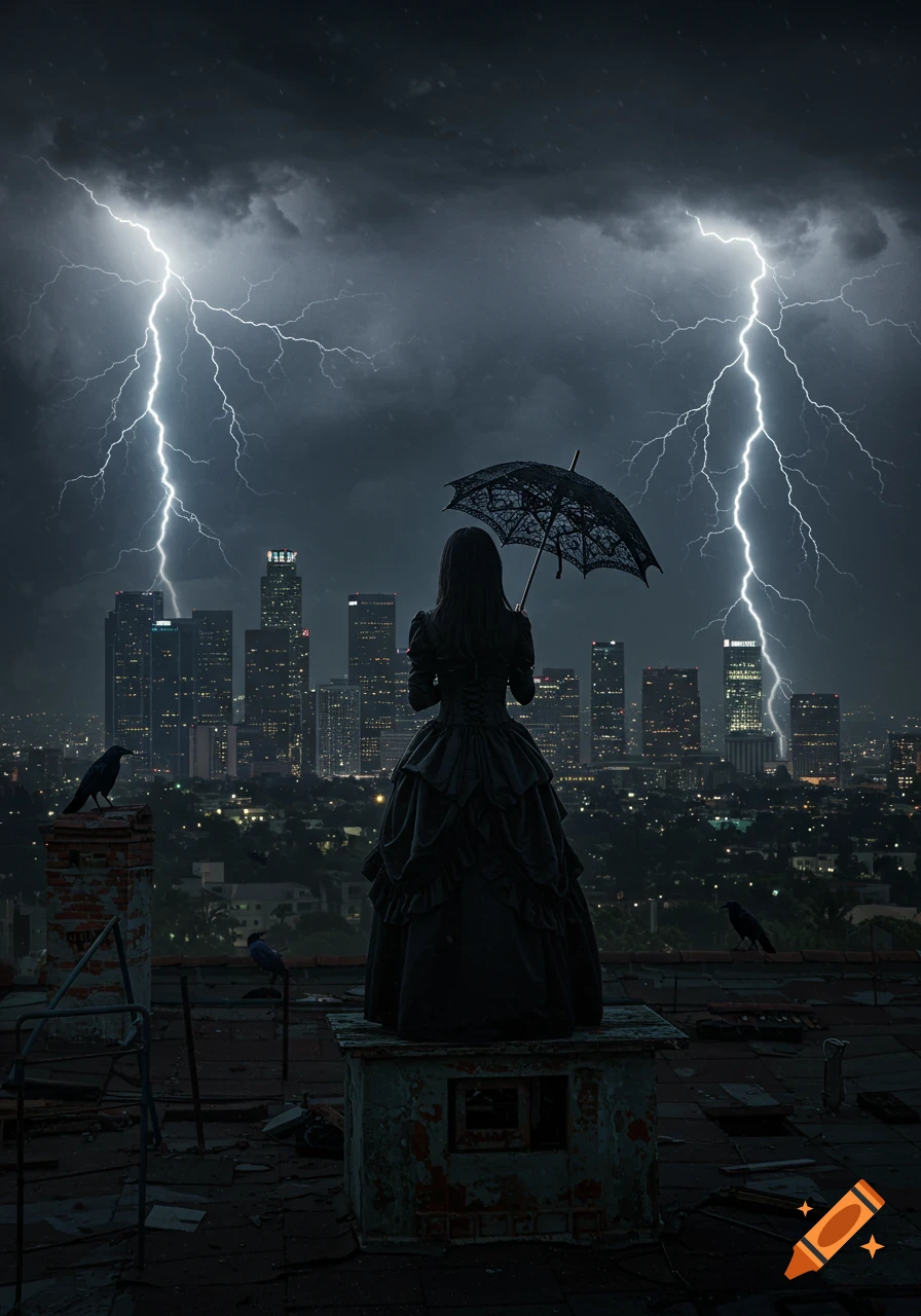 A gothic girl in a black Victorian dress with an umbrella stands on a rooftop, overlooking a city skyline under a stormy, lightning-filled sky, with two crows nearby.