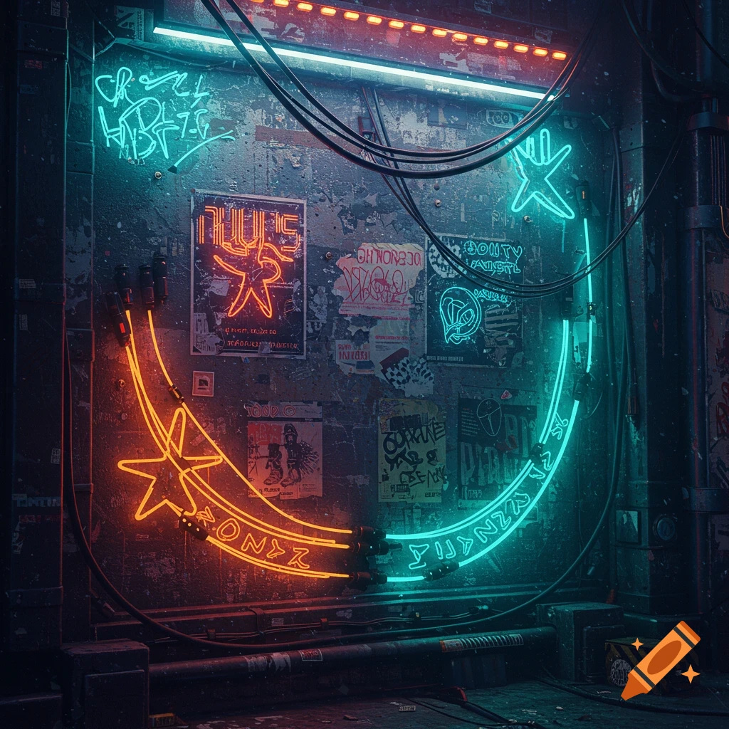 A gritty cyberpunk wall features glowing neon signs, exposed wires, and torn, graffiti-covered posters.