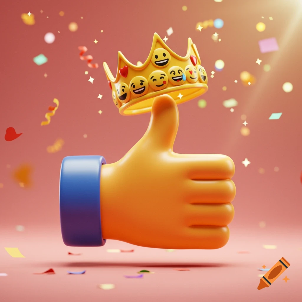 A 3D render of a yellow thumbs-up emoji hand with a blue cuff, holding up a golden crown adorned with various emoji faces and small red hearts, surrounded by colorful confetti and sparkling light on a pink background.