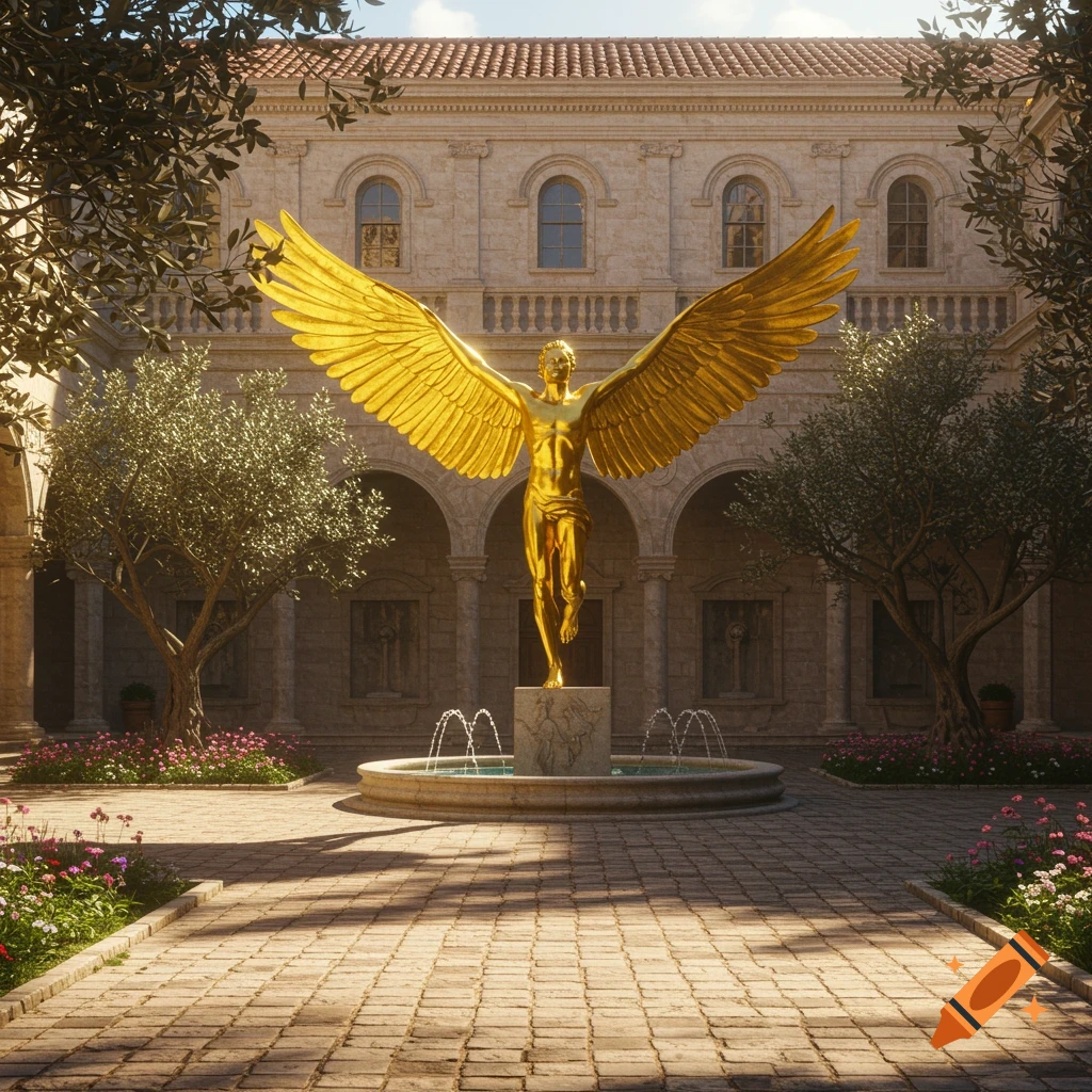 A golden statue of Icarus with large wings stands in a sunlit classical courtyard with a fountain and trees.