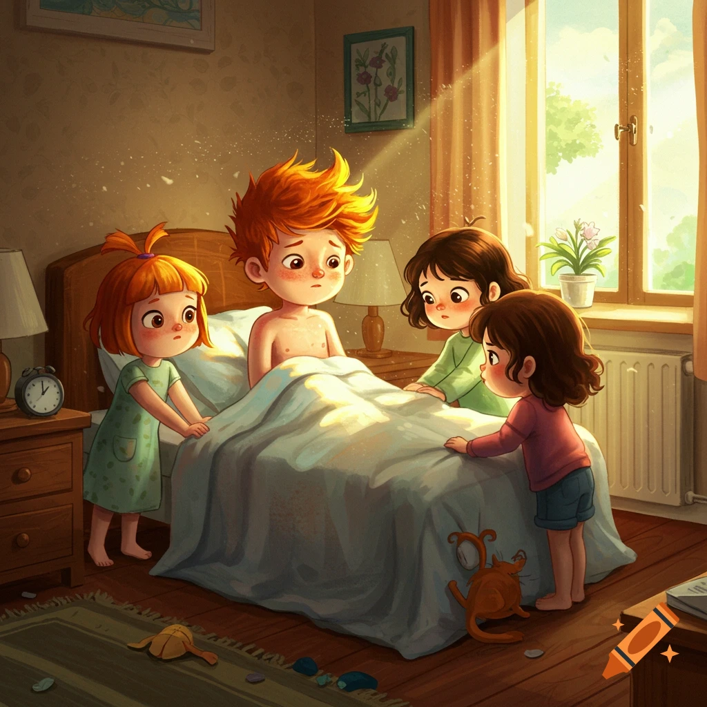 A cartoon illustration shows a red-haired boy in bed, looking concerned, while two younger girls stand beside him in a sunlit bedroom.