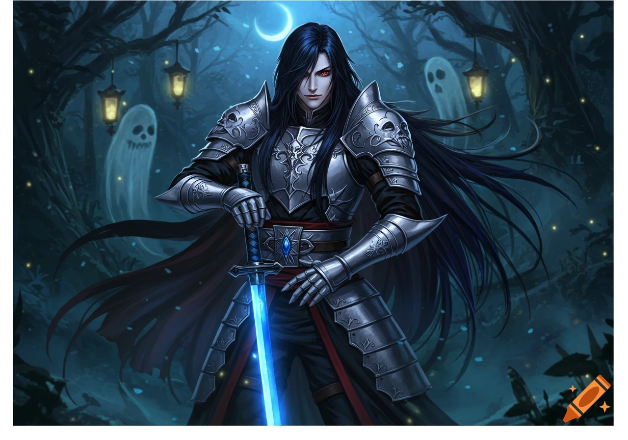 An anime-style fantasy character in silver armor with a glowing blue sword stands in a spooky, moonlit forest with ghosts.