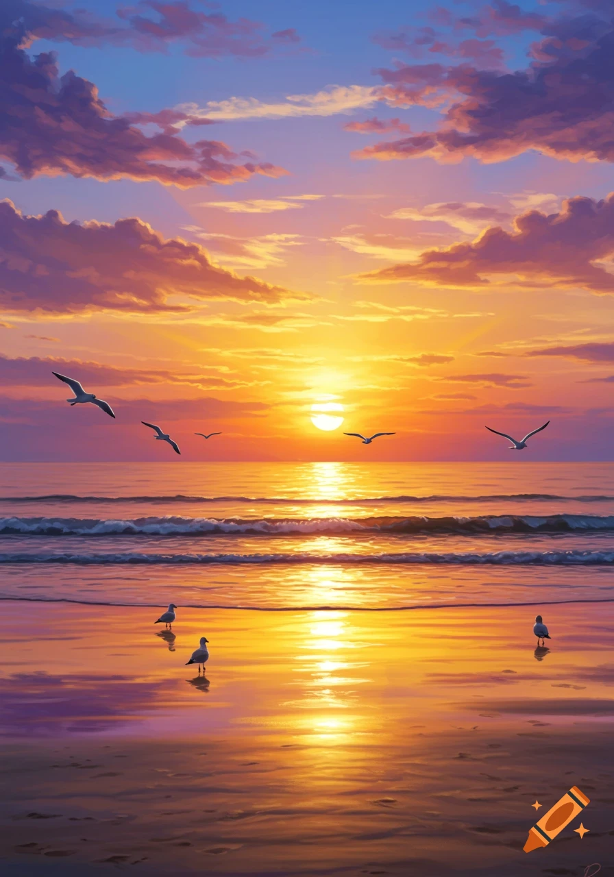 Vibrant digital painting of a golden sunset over a calm beach with seagulls flying and standing on the wet sand.