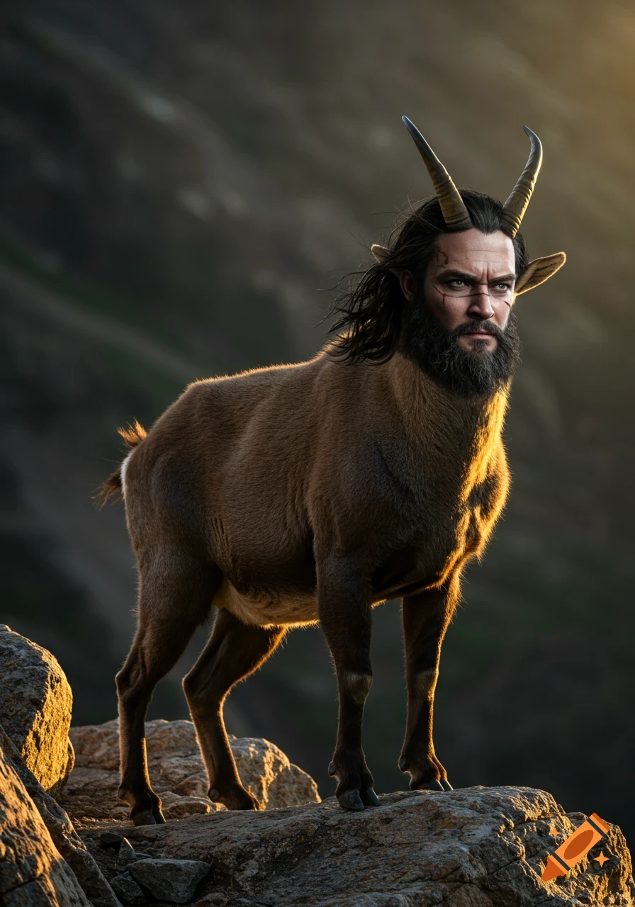 Photorealistic image of a human-headed mountain goat with long dark hair, a beard, scars, and horns, standing on a rocky mountain at sunset.