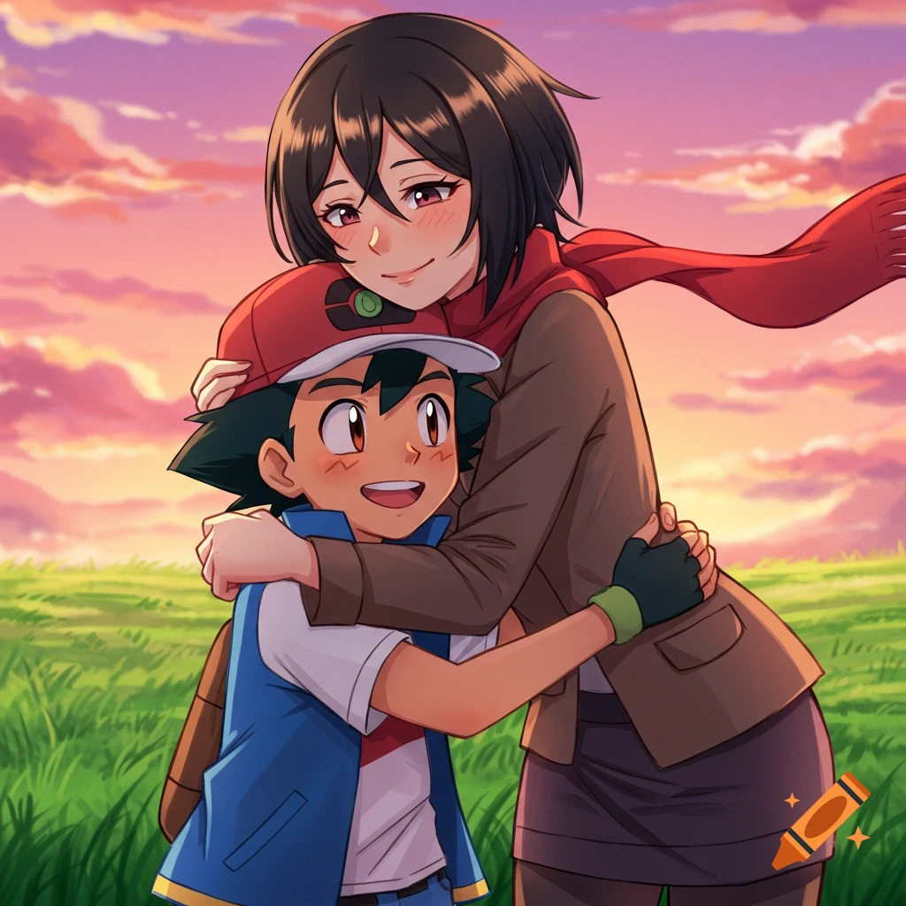 Anime illustration of Mikasa Ackerman hugging Ash Ketchum in a grassy field at sunset.