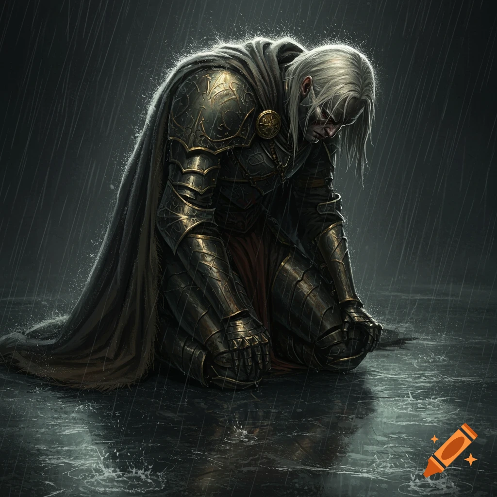 A majestic knight in intricate armor kneels on rain-soaked ground, looking defeated as rain pours down in a dark, gritty style.