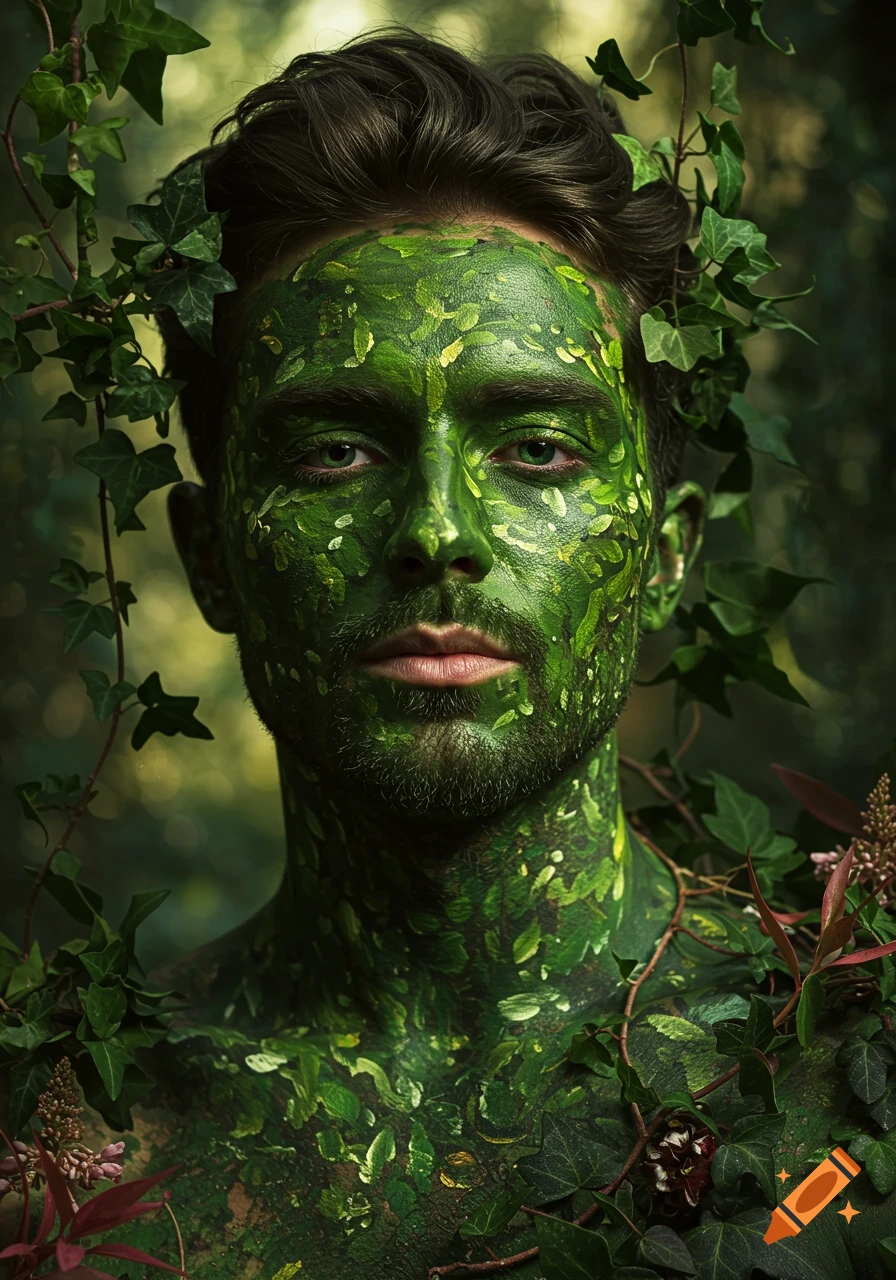A man with green leaf-patterned body paint on his face and chest is surrounded by green ivy and leaves in a lush forest setting, looking directly forward.