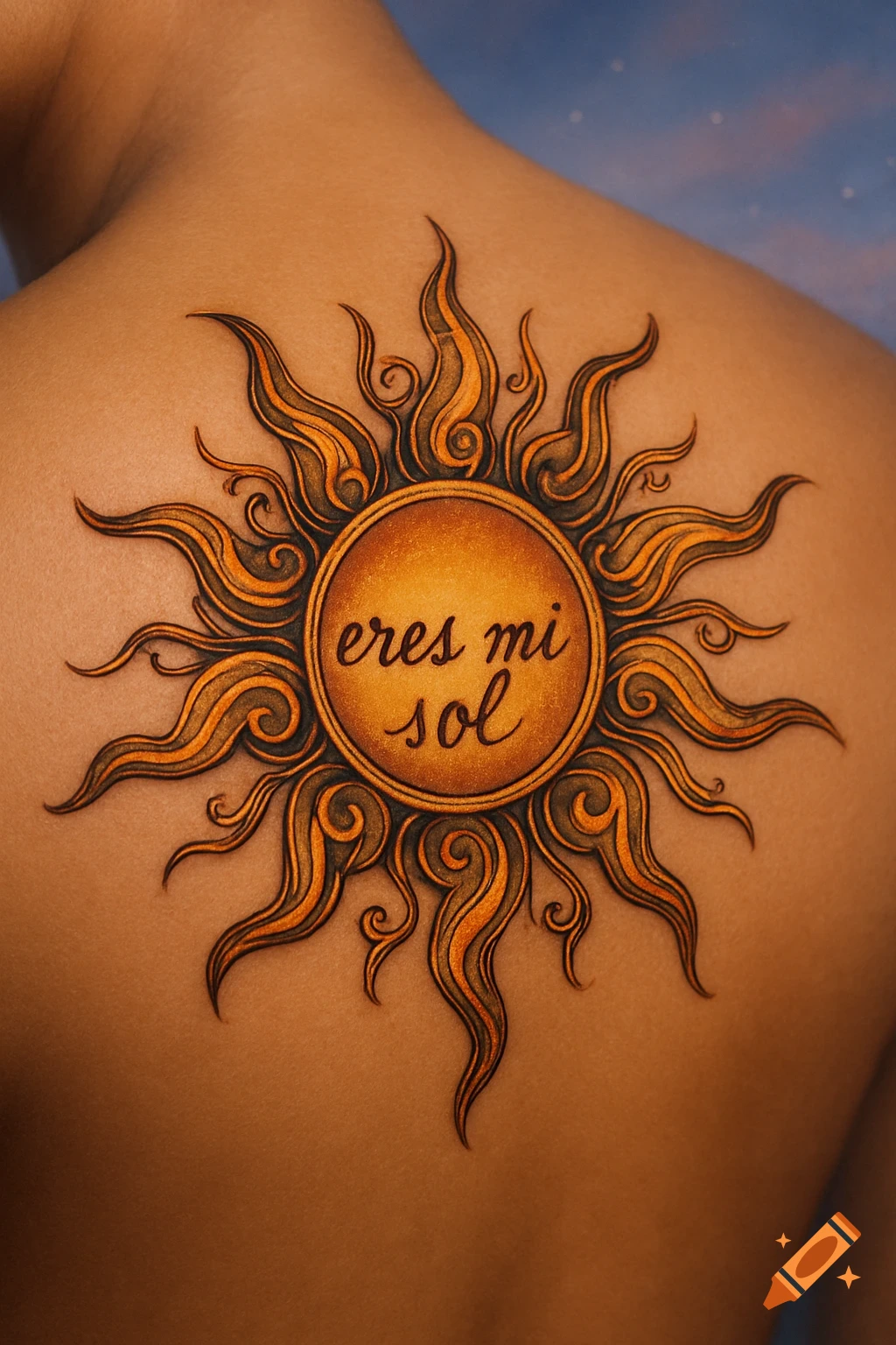 A detailed sun tattoo with 'eres mi sol' on a person's upper back.
