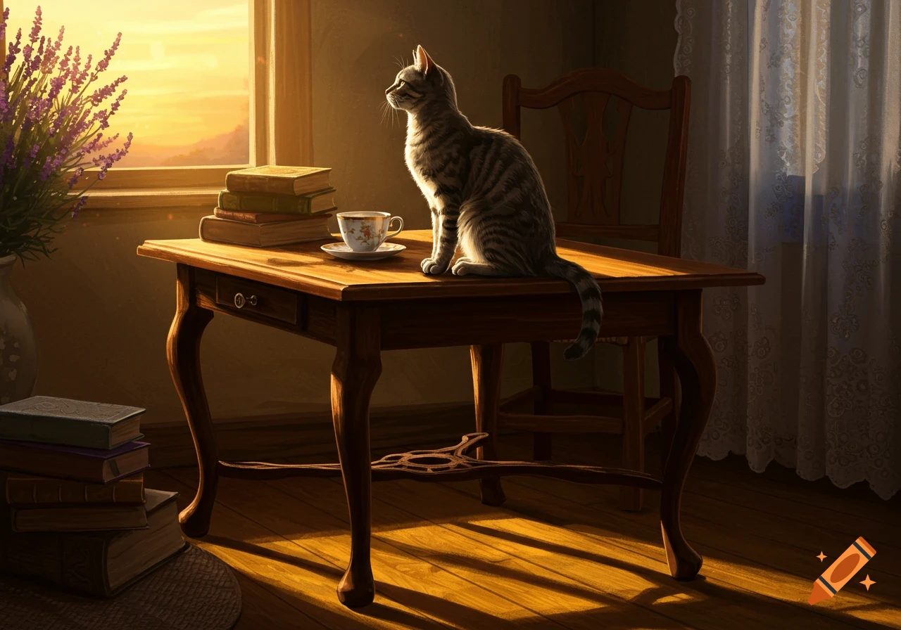 A tabby cat sits on a wooden table, looking out a sunlit window at golden hour. Books and a teacup are on the table, with lavender in a vase nearby.