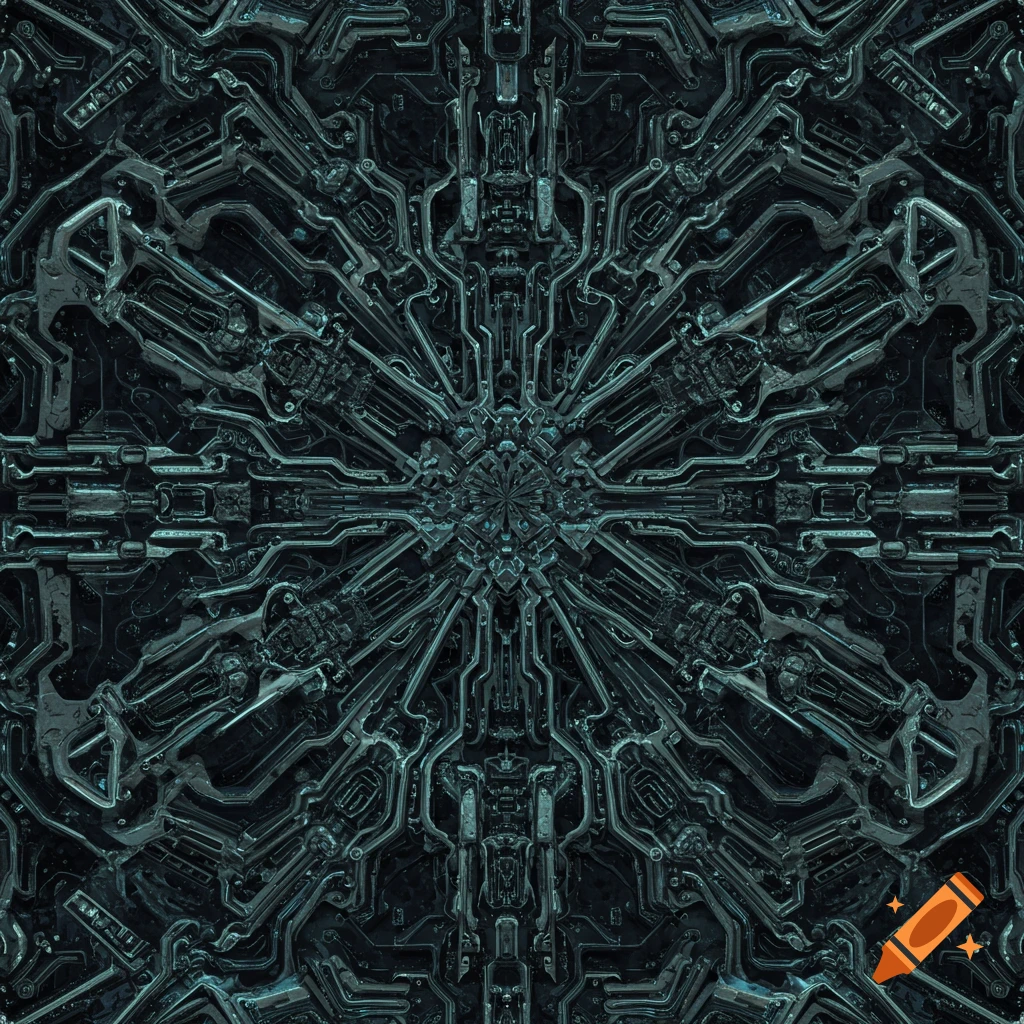 Dark, intricate, symmetrical pattern of metallic pipes and circuits in a futuristic, industrial style.