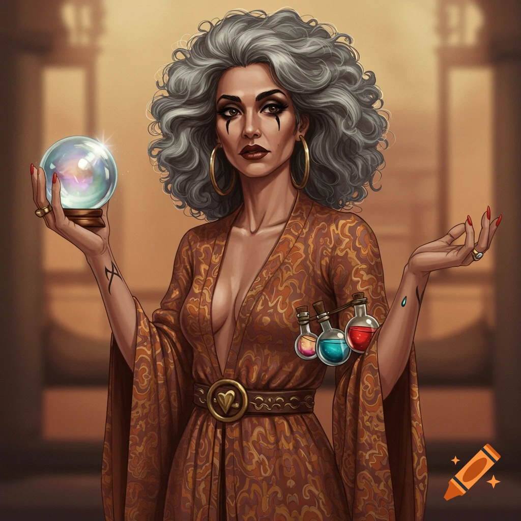 A mysterious psychic with gray curly hair, dark makeup, and a low-cut patterned robe holds a glowing crystal ball and has vials of potions on her arm.