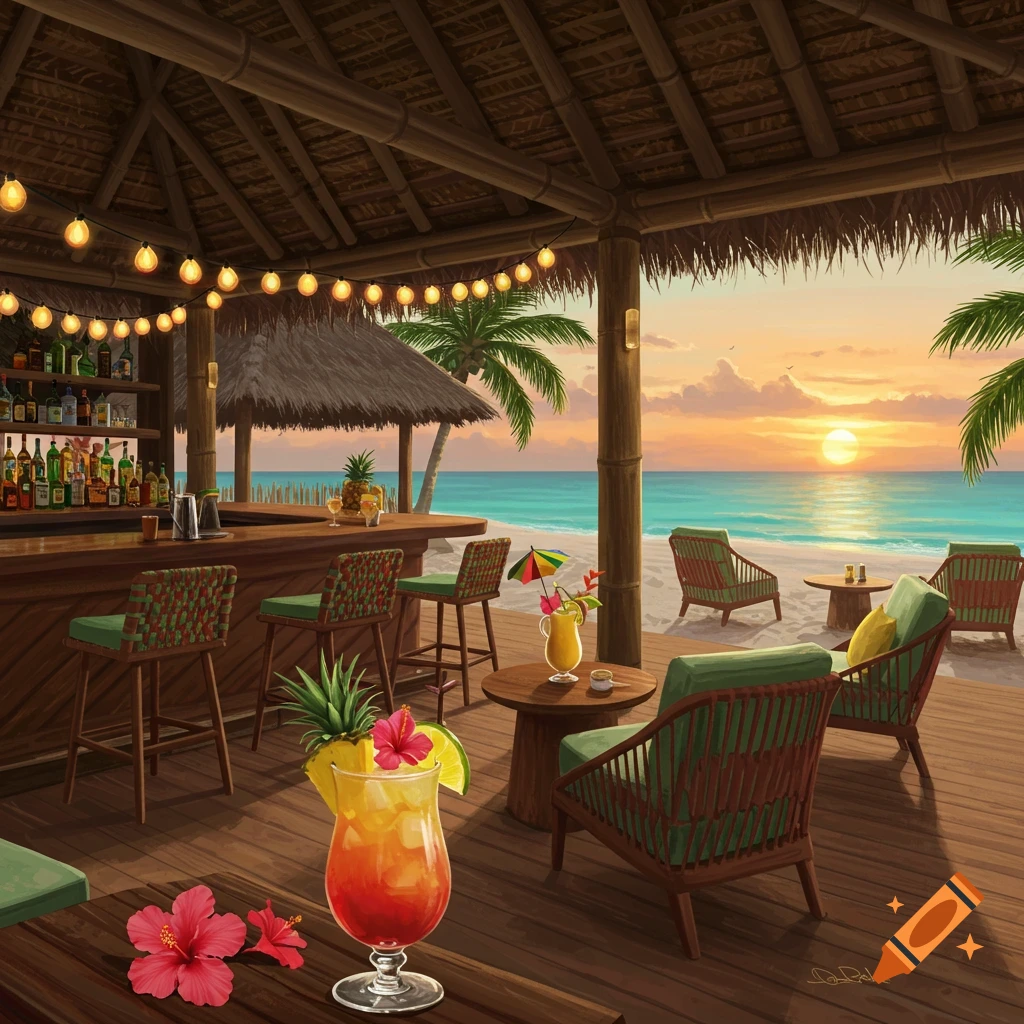 Vibrant illustration of a tropical beach bar at sunset with a cocktail in the foreground and lounge chairs by the ocean.