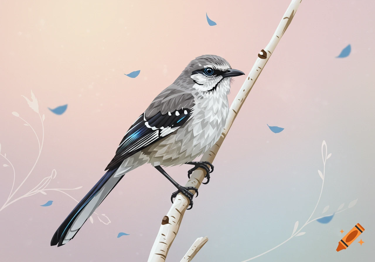A modern style illustration of a grey and white mockingbird perched on a bare branch with blue petals floating around.