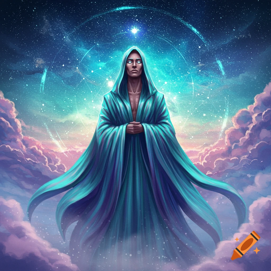 A mystical hooded figure in flowing blue-green robes with glowing eyes floats among cosmic clouds and stars.
