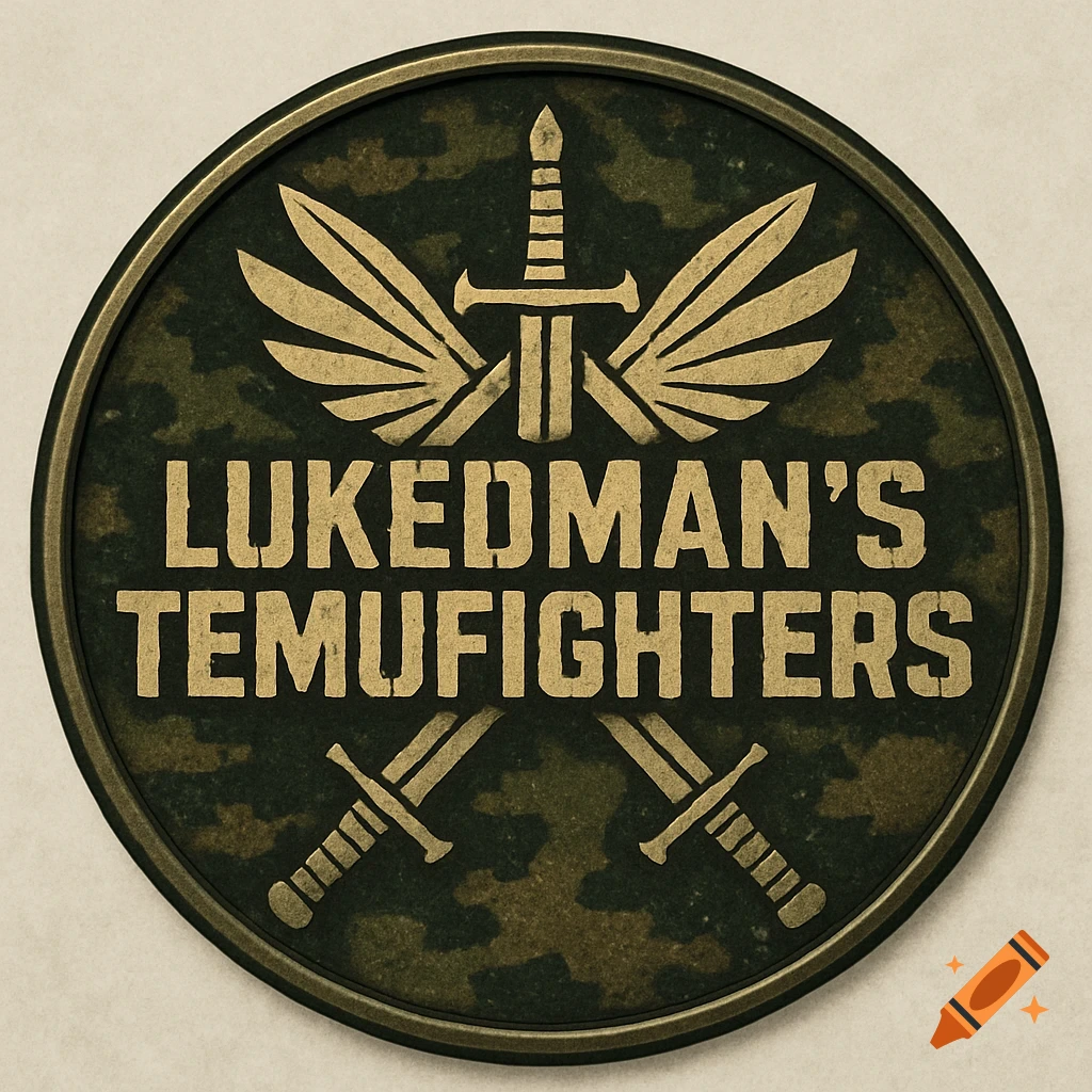 A circular military-themed emblem with a sword, wings, and text 'LUKEDMAN'S TEMUFIGHTERS' on camouflage.
