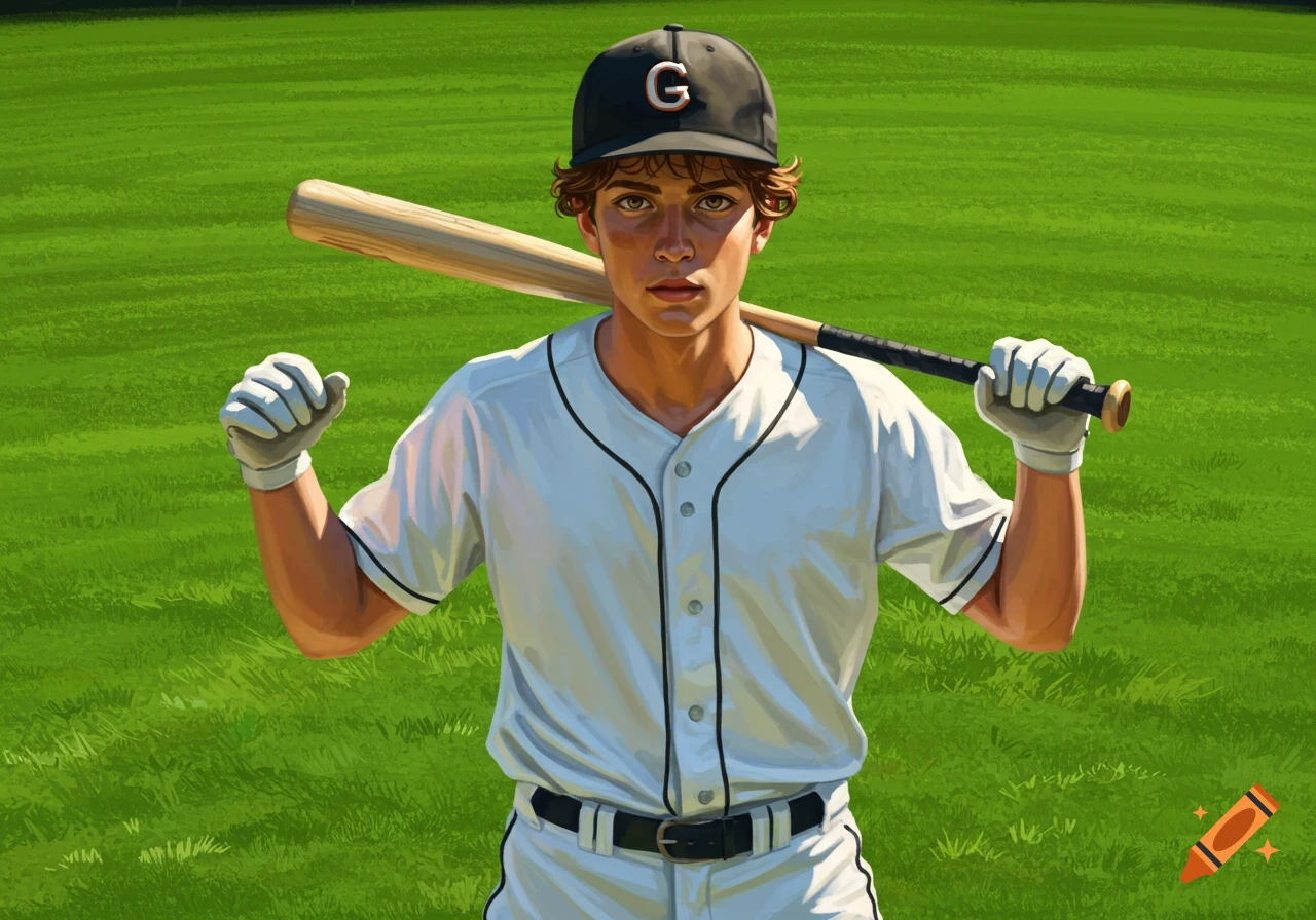 A male baseball player in a white uniform and cap, holding a bat on a green field. Digital illustration.