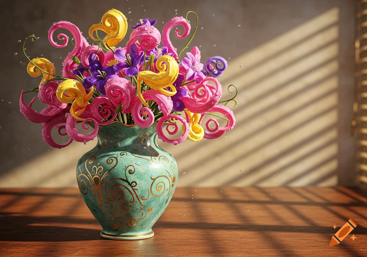 A teal vase holds a vibrant bouquet of pink, yellow, and purple whimsical, curly flowers with water droplets, on a wooden surface with window light.