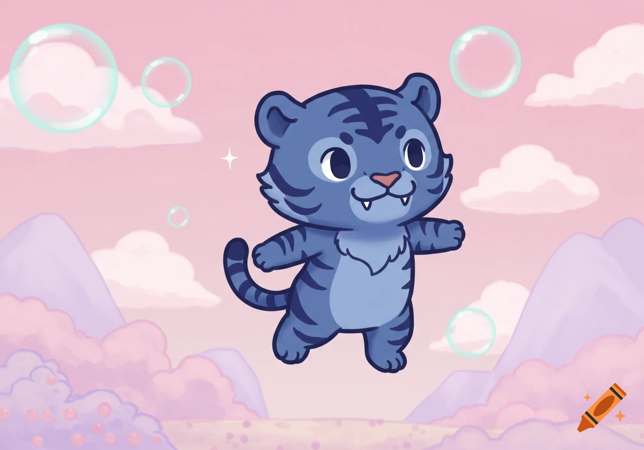 A cute blue cartoon tiger floats in a pink sky surrounded by bubbles and clouds.