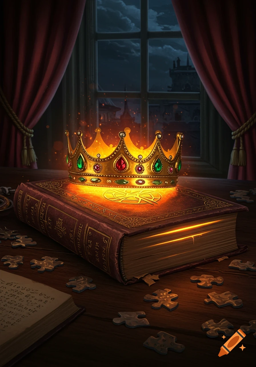 A golden, jeweled crown glowing on a mysterious, glowing book on a table with puzzle pieces and a dark window.