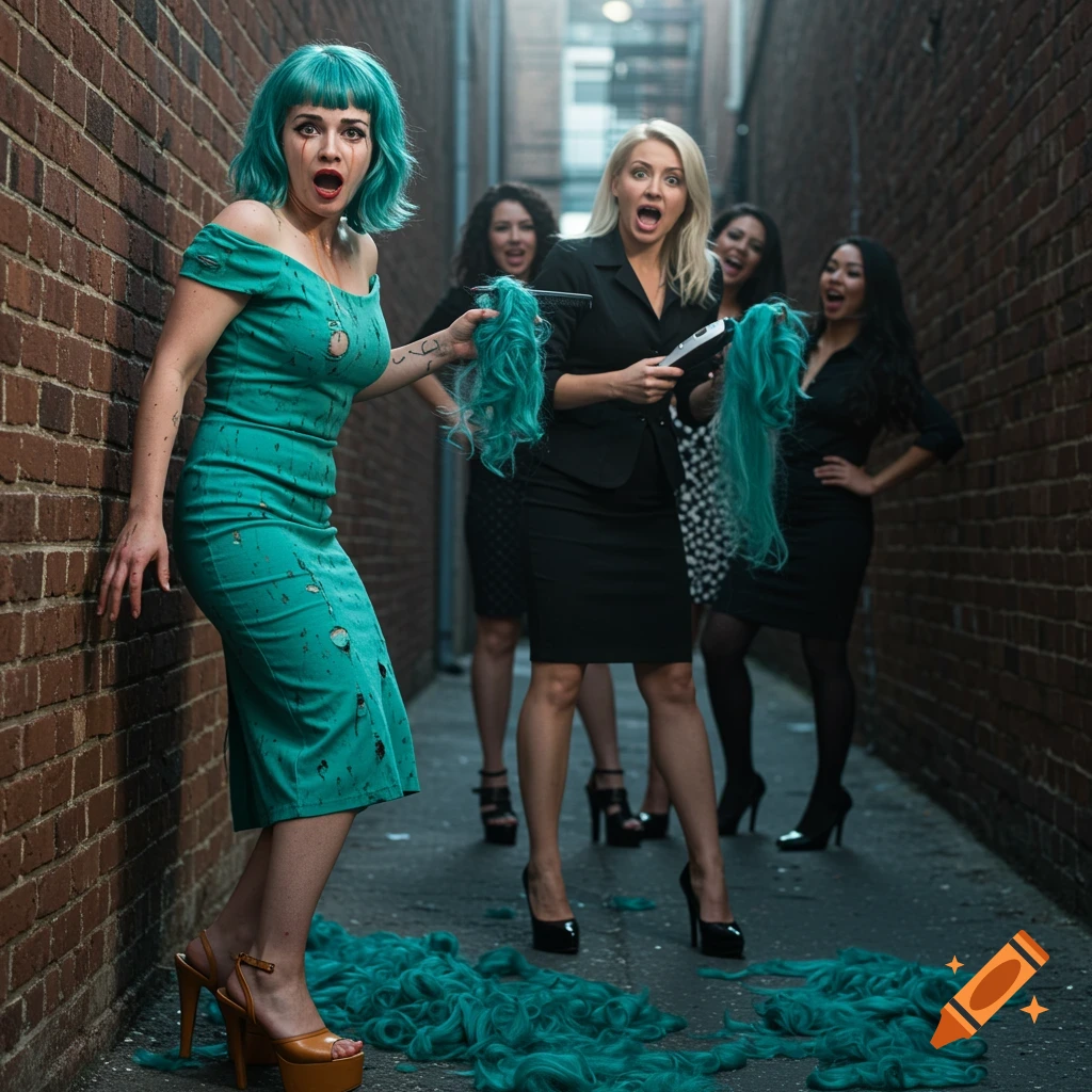 A teal-haired woman in a tattered dress looks horrified as another woman cuts her hair in an alley, surrounded by other women and green hair on the ground.
