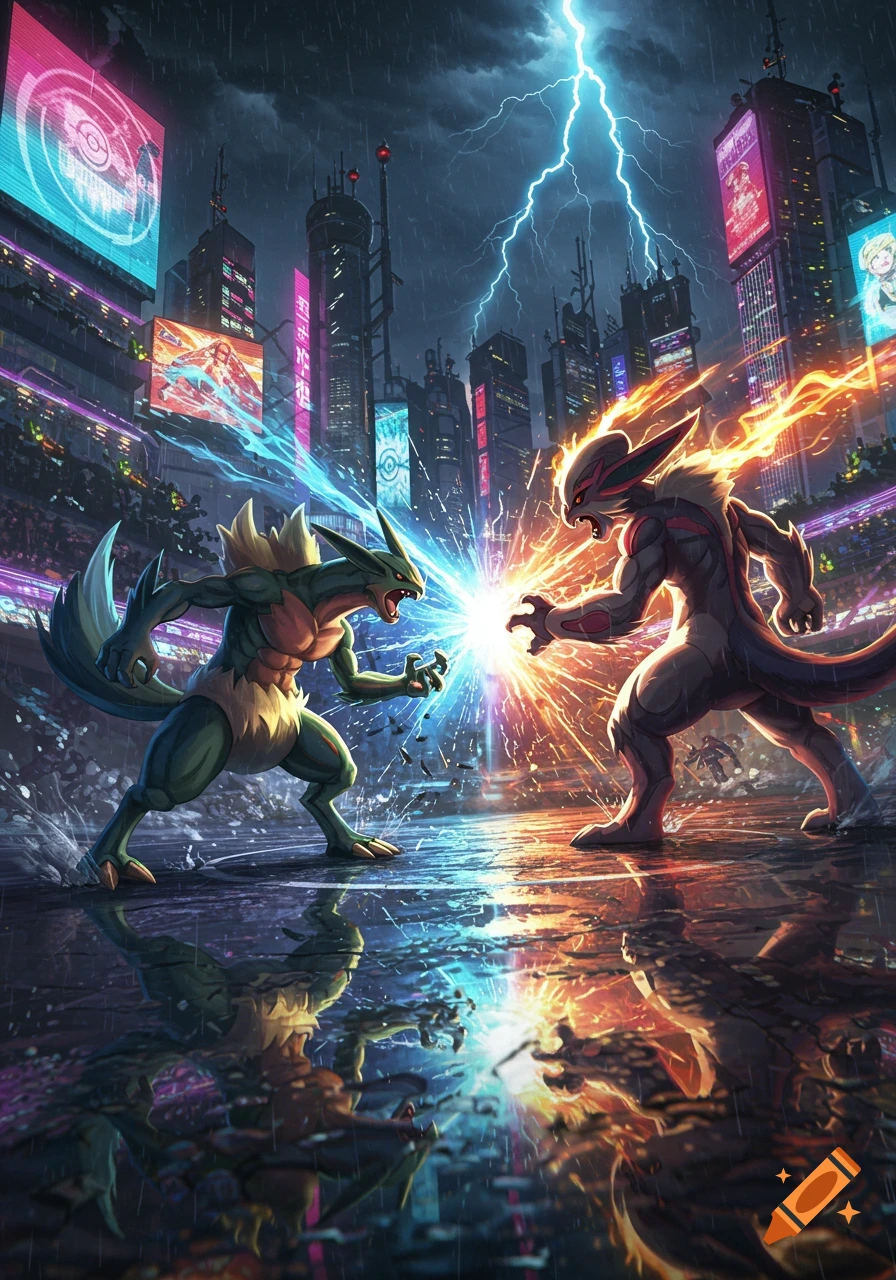 Two fierce monster-like creatures clash with energy blasts in a rainy, neon-lit futuristic city with reflections on the wet ground.