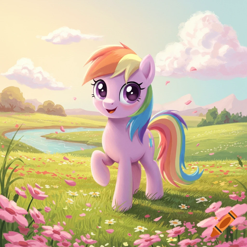 A cute pink cartoon pony with a rainbow mane and tail walks through a vibrant green field filled with pink and white flowers under a sunny sky.