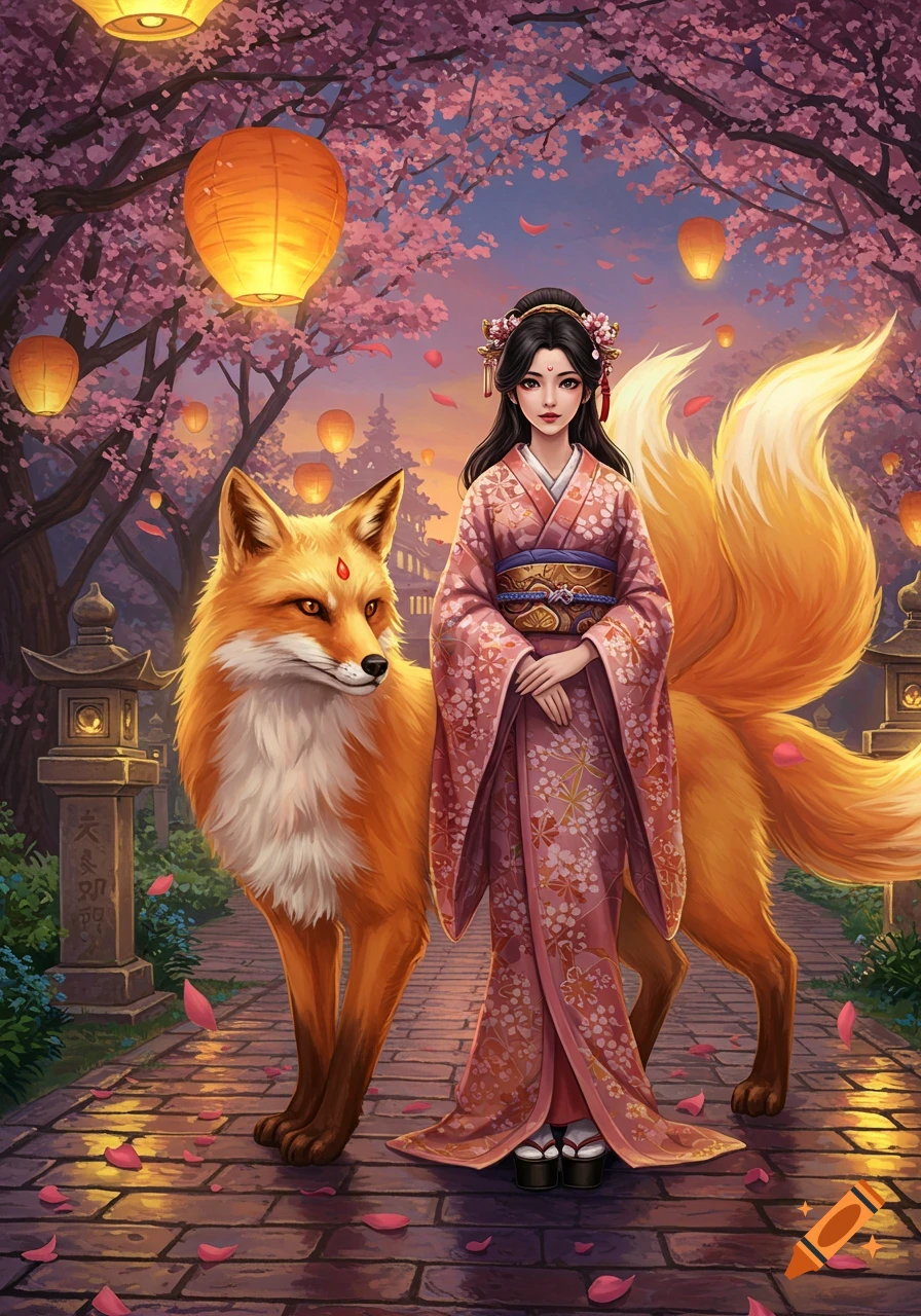 Anime illustration of a woman in a pink kimono with a kitsune on a path, surrounded by cherry blossoms and glowing lanterns at dusk.