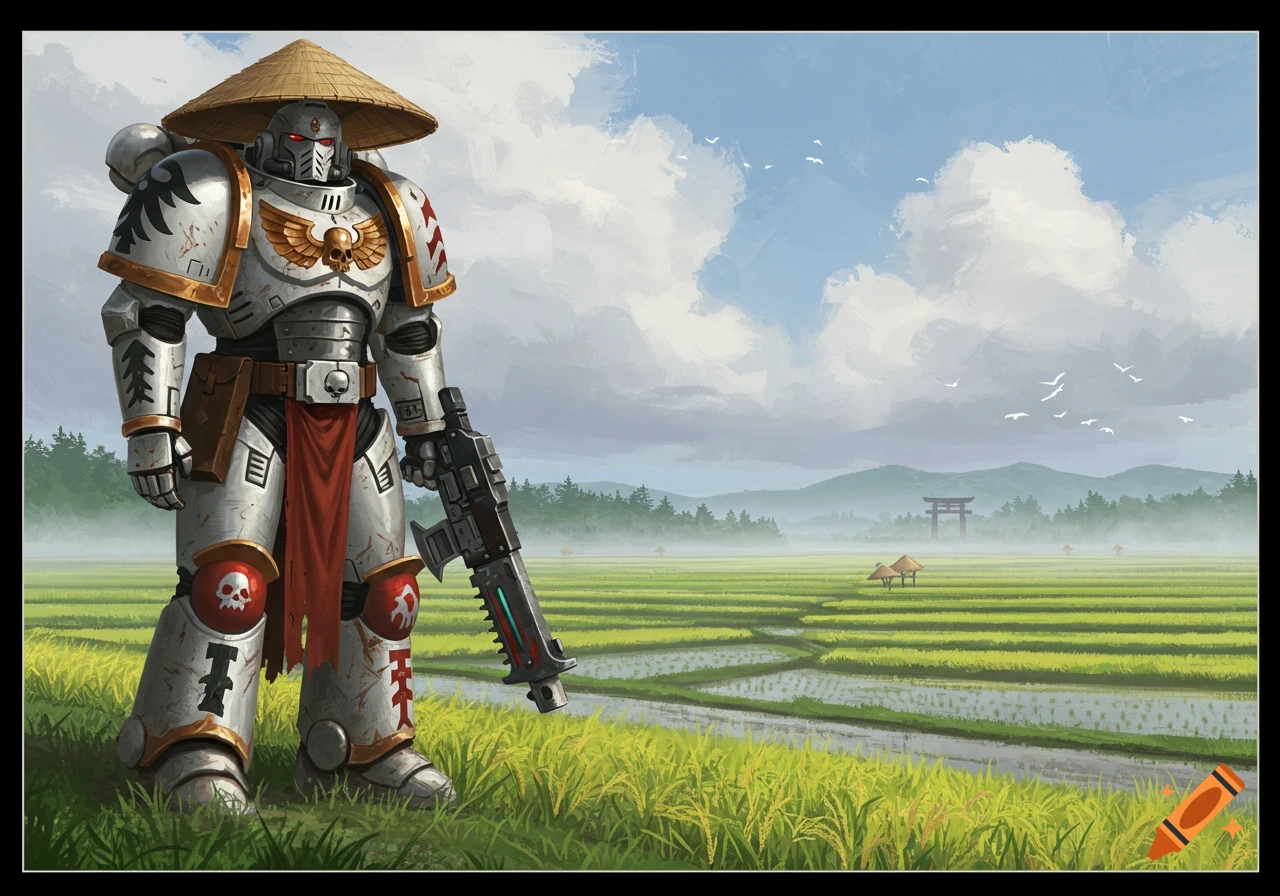 A Warhammer 40k White Scars Space Marine in a straw hat stands in a vast rice field, holding a rifle, under a cloudy sky.