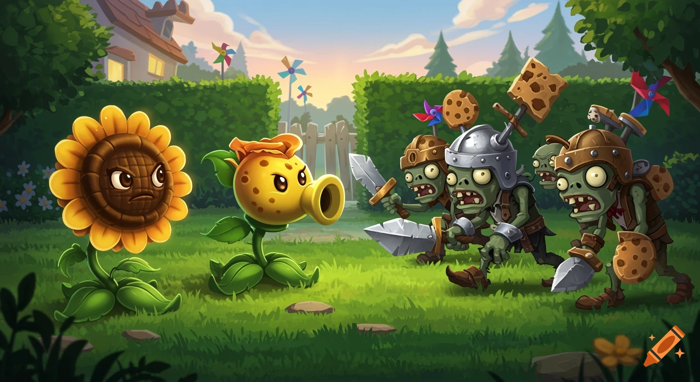 Cartoon sunflower and peashooter confront armored zombies in a grassy garden at sunset, in the style of Plants vs Zombies.