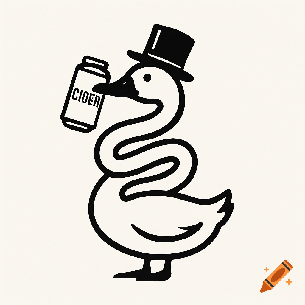 A whimsical black and white logo of a goose with a swirling neck, wearing a top hat, holding a can labeled 'CIOER' in its beak.