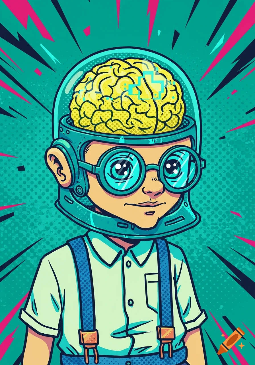A cartoonish boy wearing a transparent helmet with a glowing pixelated brain, oversized round glasses, and blue suspenders against a vibrant teal and pink background with halftone texture.