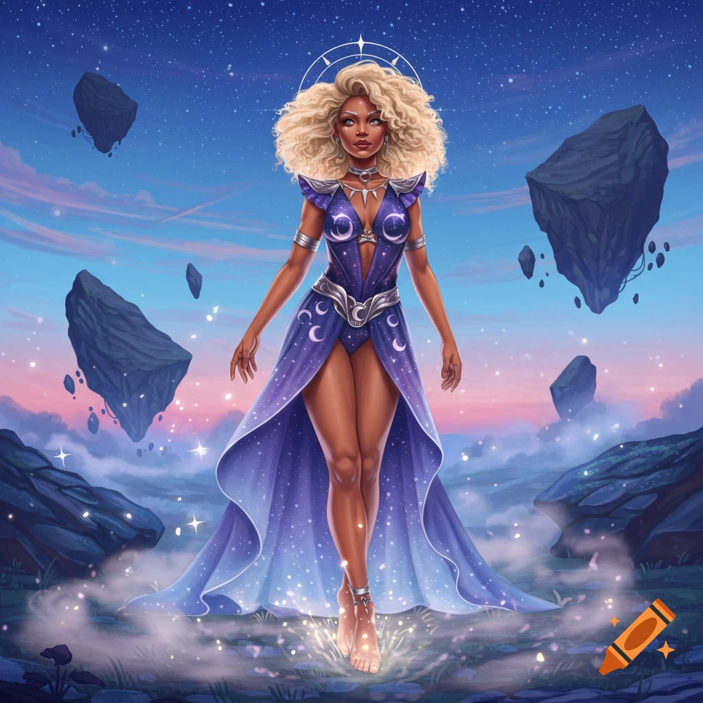 A blonde woman in a purple fantasy dress with moon patterns floats in a starry celestial landscape with rocky islands.