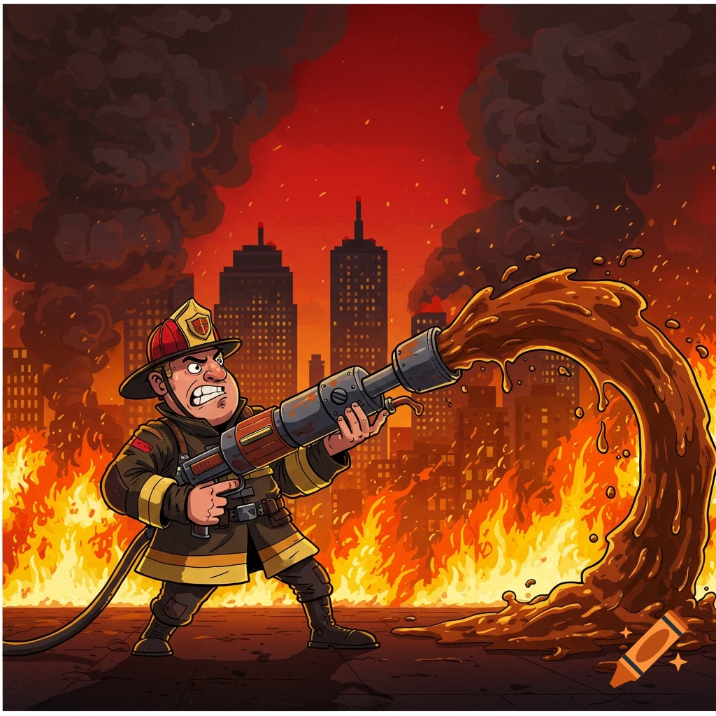 A cartoon firefighter shoots brown liquid from a large hose at a burning city under a smoke-filled red sky.