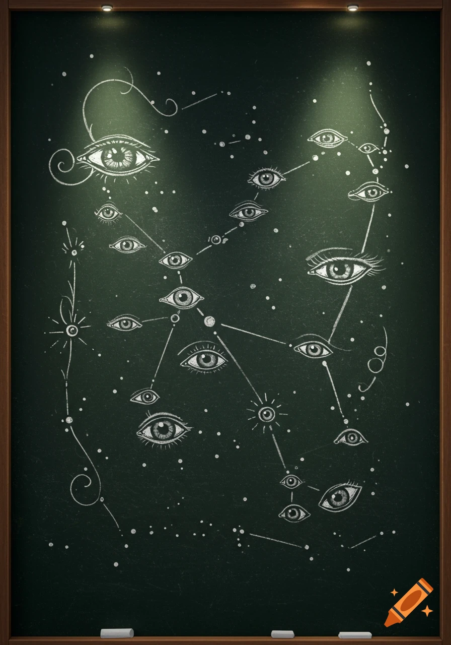 A white chalk drawing of multiple eyes connected by lines like a constellation on a dark green chalkboard, with two pieces of chalk at the bottom.